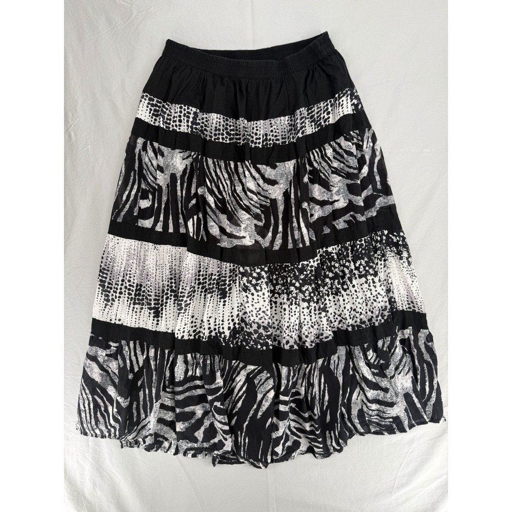 100% Cotton Lane Bryant Black White Animal Print Tiered Maxi Skirt Size 14/16